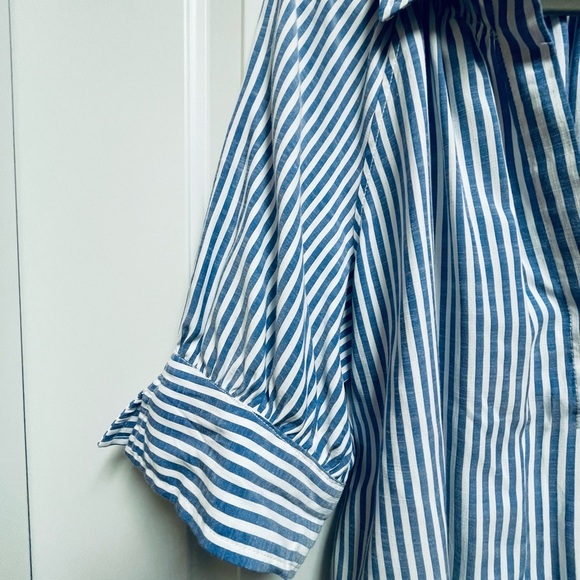 Max Studio London Women’s XL Blue and White Striped Blouse Puffy Slit Sleeves - Picture 5 of 8